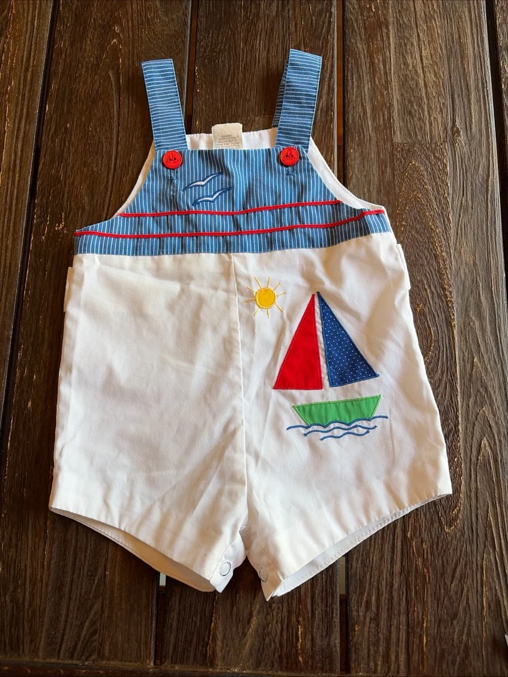 Sail Boat Boys Romper Shortall Overall Vintage 90s Blue Pinstripe Nautical 18 Mo